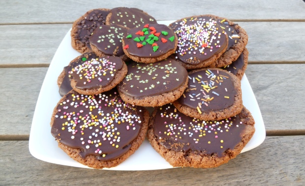 Nigella Christmas chocolate cookies with chocolate glaze and sprinkles made by Naomi Longworth