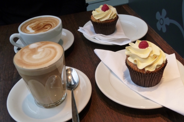 Passionfruit frosted cupcakes and flat white and latte by Hannah Carmichael
